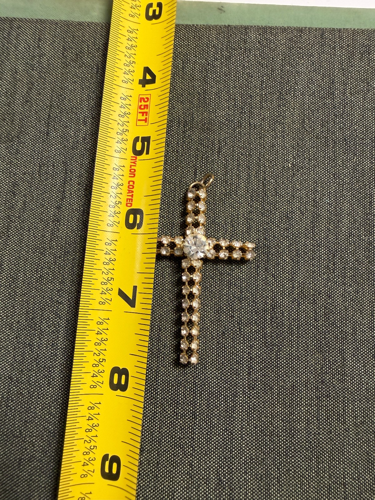 Vintage Metal and White Gem Stone 2″ Cross Pendant Gold Tone