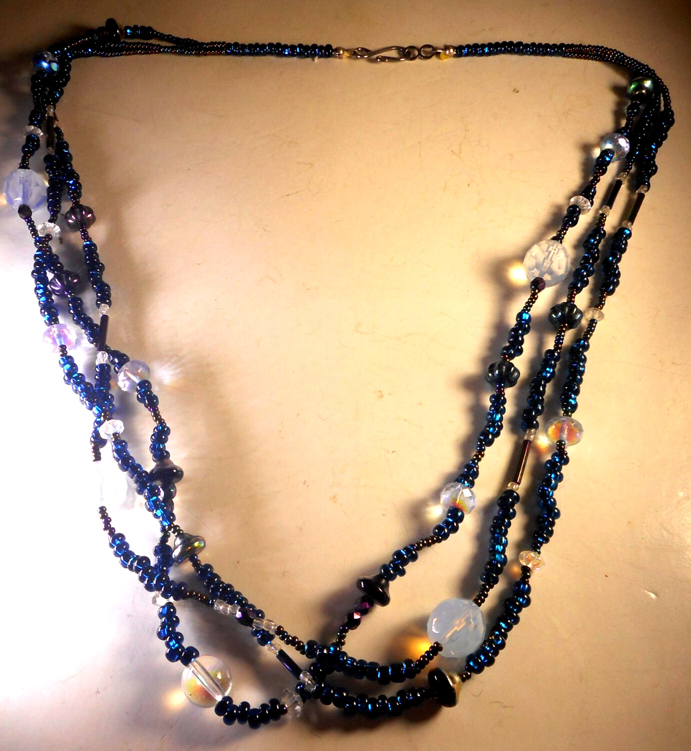 Artisan Milk Crystal Blue Glass 3 Strand Beaded Necklace 925 Hook Clasp 22″