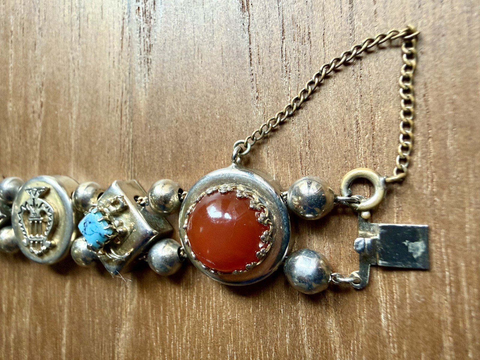 Victorian Revival Slide Bracelet with Gemstone and Shell Charms Vintage 7.5″