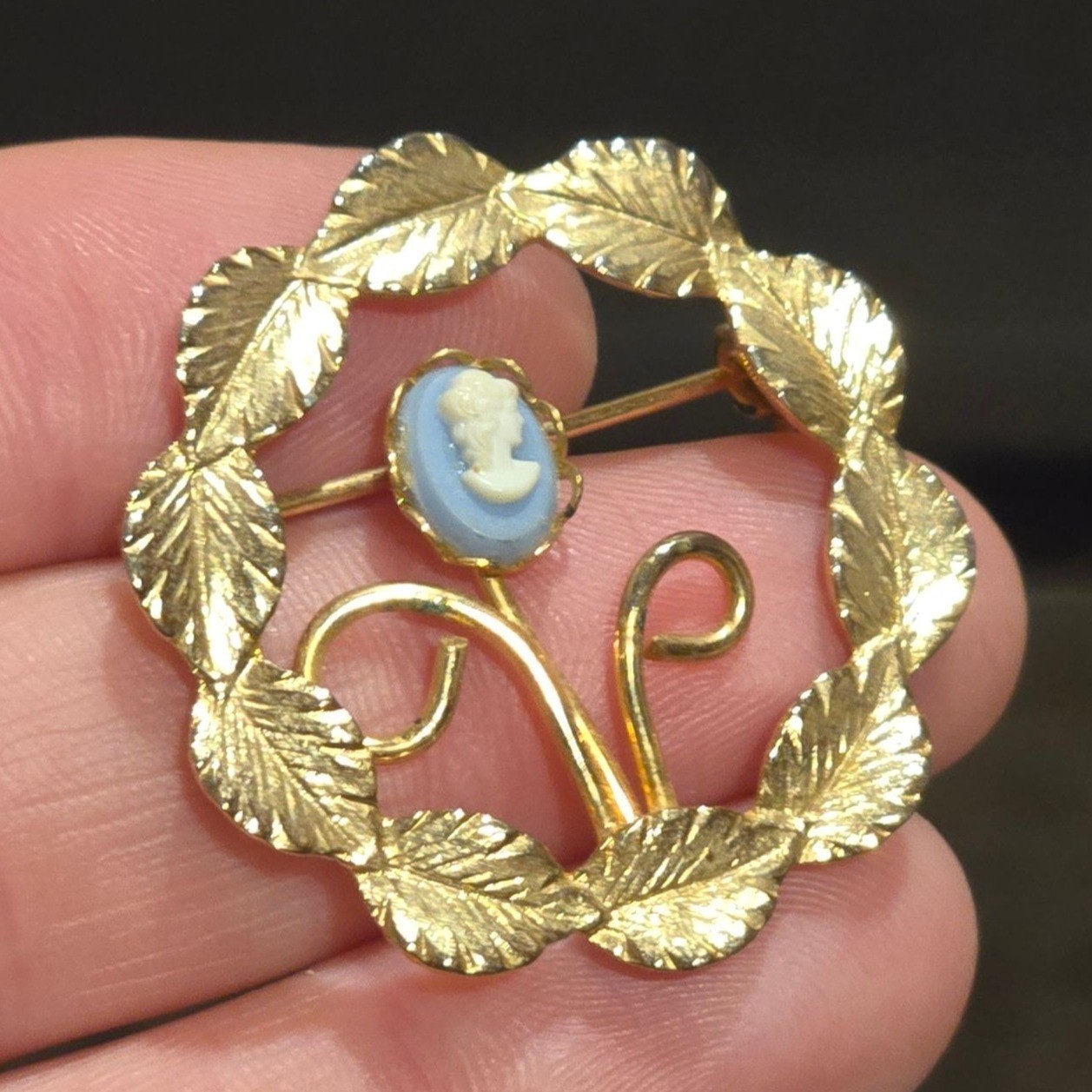 Vintage Cameo Wreath Brooch Leaf Frame Blue White Cameo Pin Victorian Revival