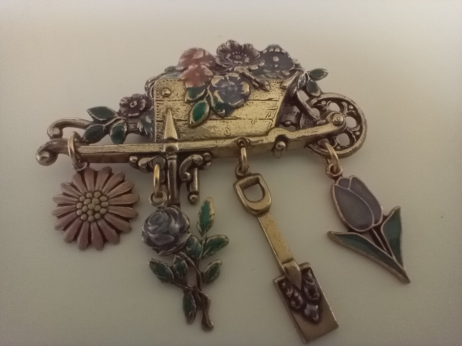 Gardener Brooch Gold-Toned Wheelbarrow Floral Pin with 4 Charms Gift Vintage