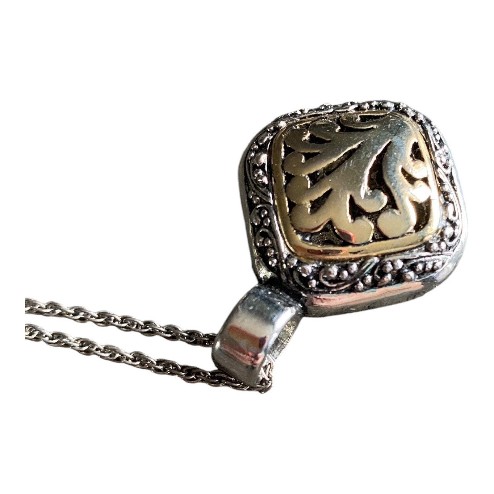Vintage Two Tone Scroll Pendant And Silver Necklace Chain Signed SN C289