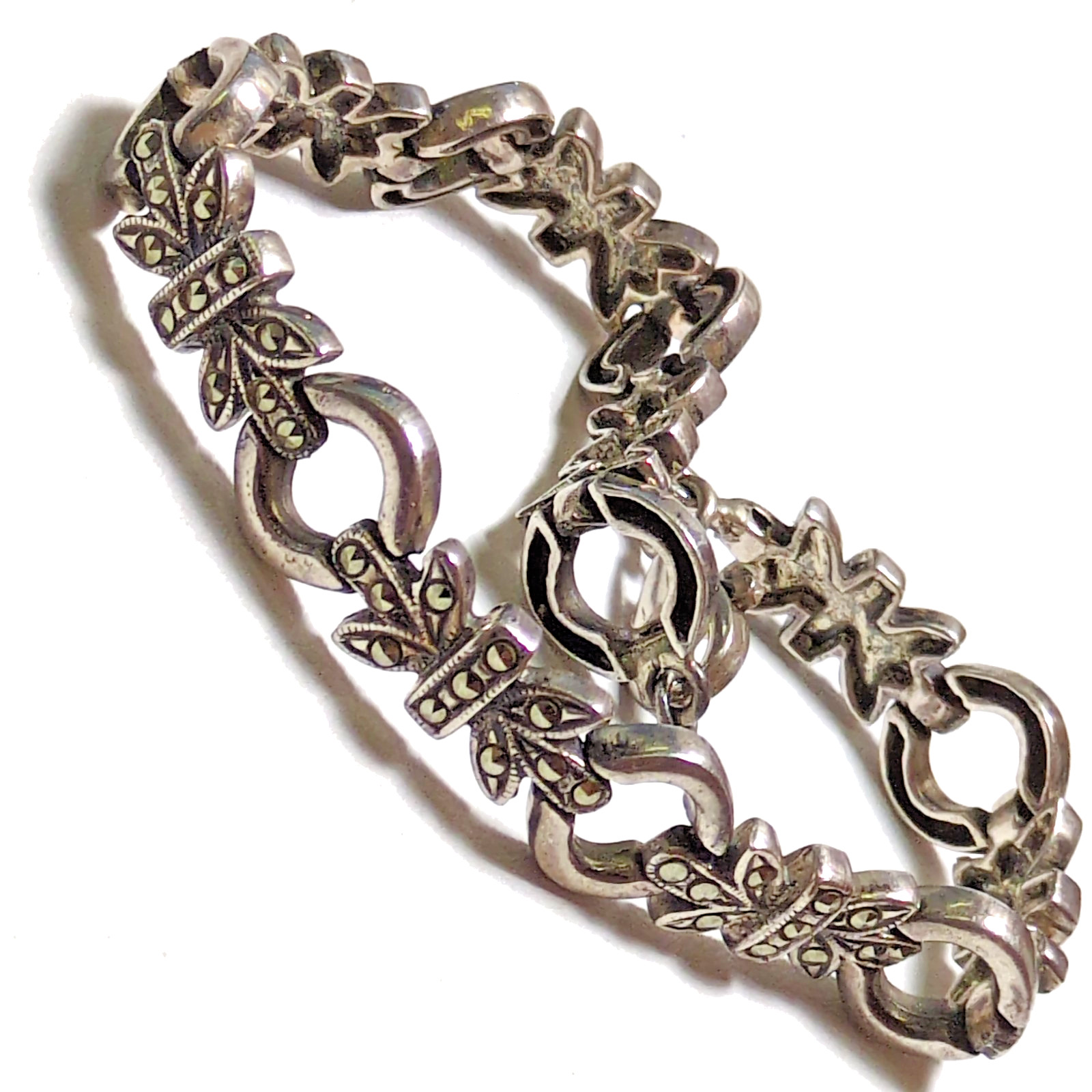 Gothic Art Deco Style Sterling Silver Marcasite Ornate Link Bracelet 8″