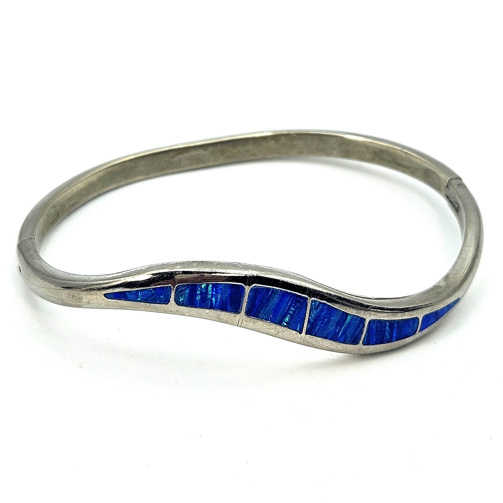 Vintage Mexico Blue Opal Inlay Hinged Bangle Bracelet Wave Design 19.1g