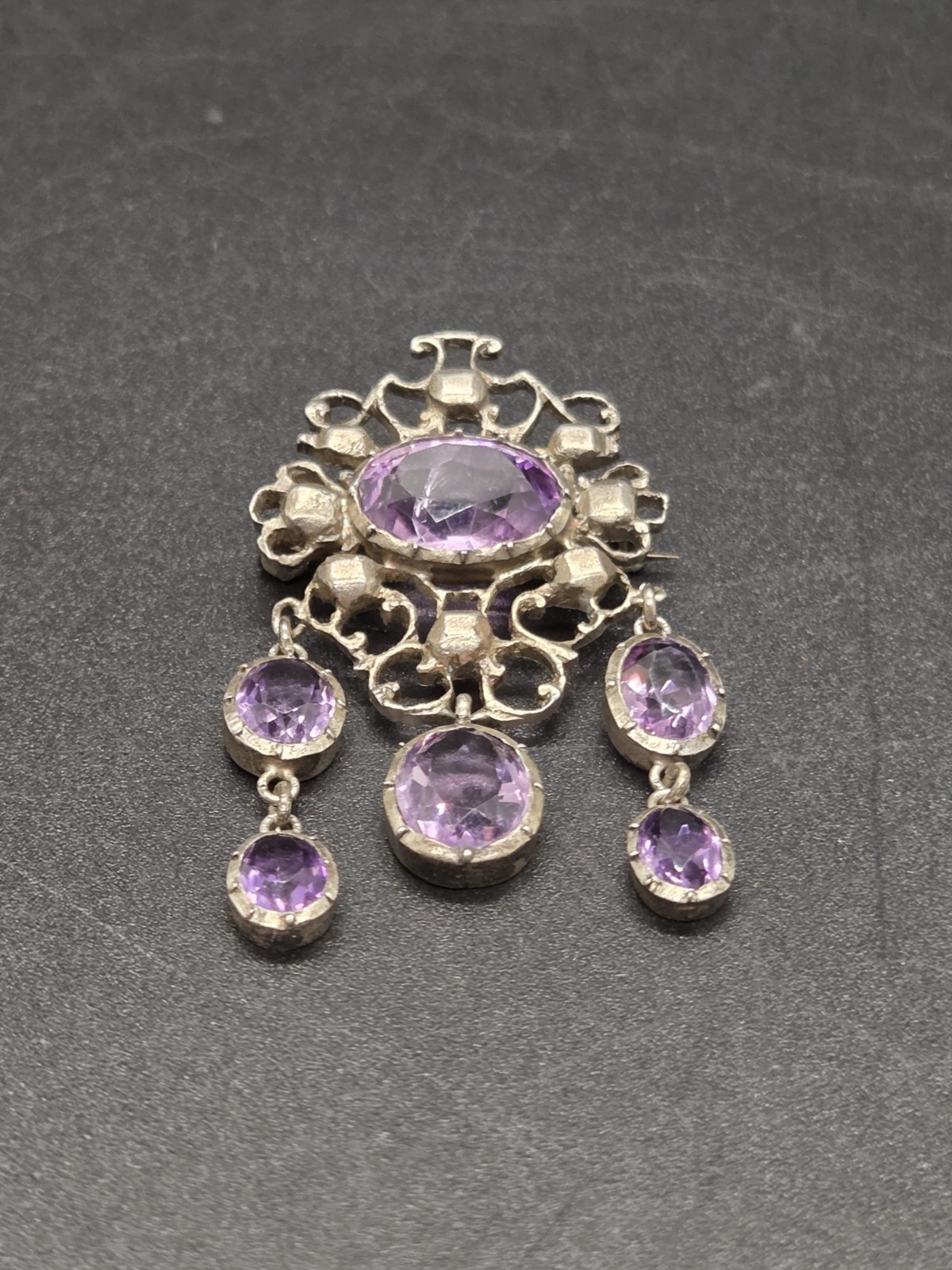 Antique Victorian Sterling Silver Purple Amethyst Dangle Brooch Festoon Pin OOAK