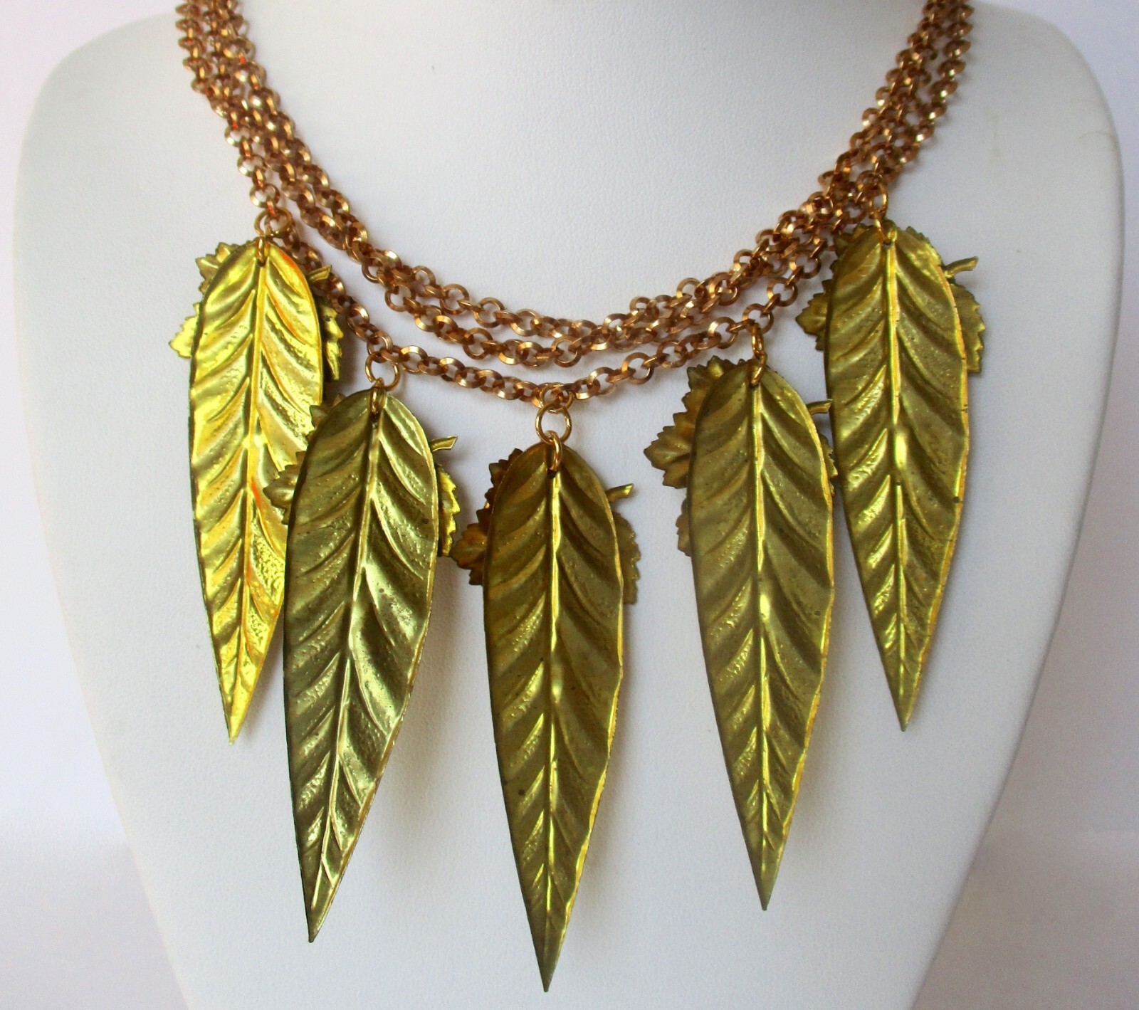 Vintage Jewelry Set: Brass Leaf Necklace With Cameos & Matching Earrings/Boho/
