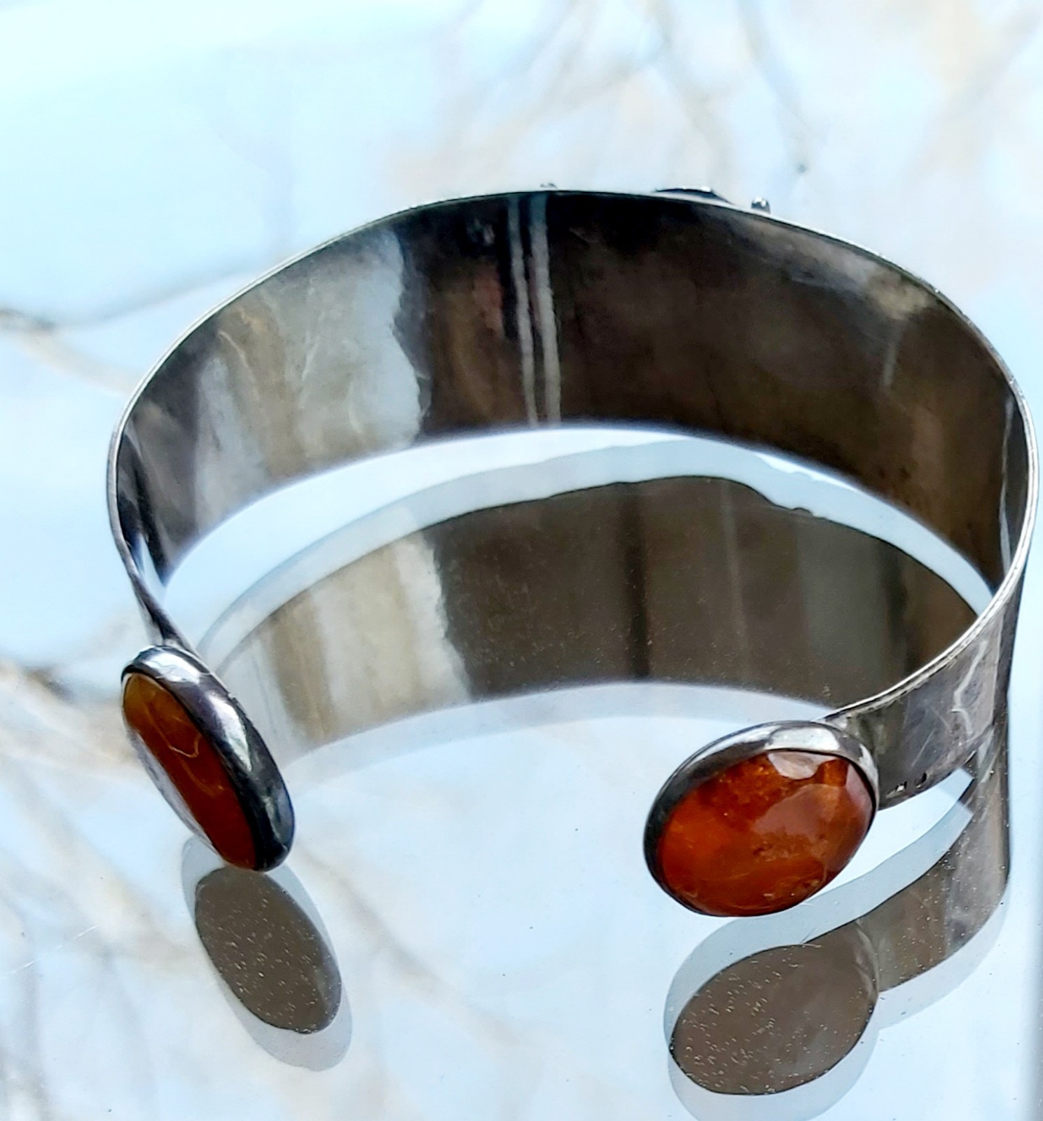 Antique Art Deco Sterling Silver Cuff Bracelet Original Design 3 Amber Inserts