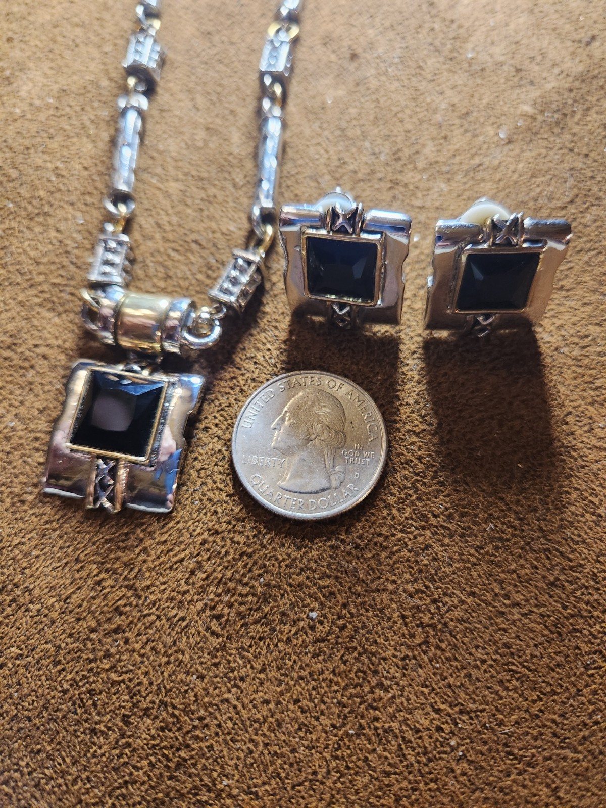 Vintage Statement Earrings And Necklace Set Silver Tone With Black Center