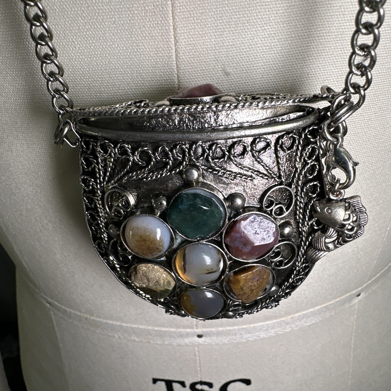 Vintage Small Silver-tone Sajai Metal Purse Necklace Agate Gemstones Tether Lid