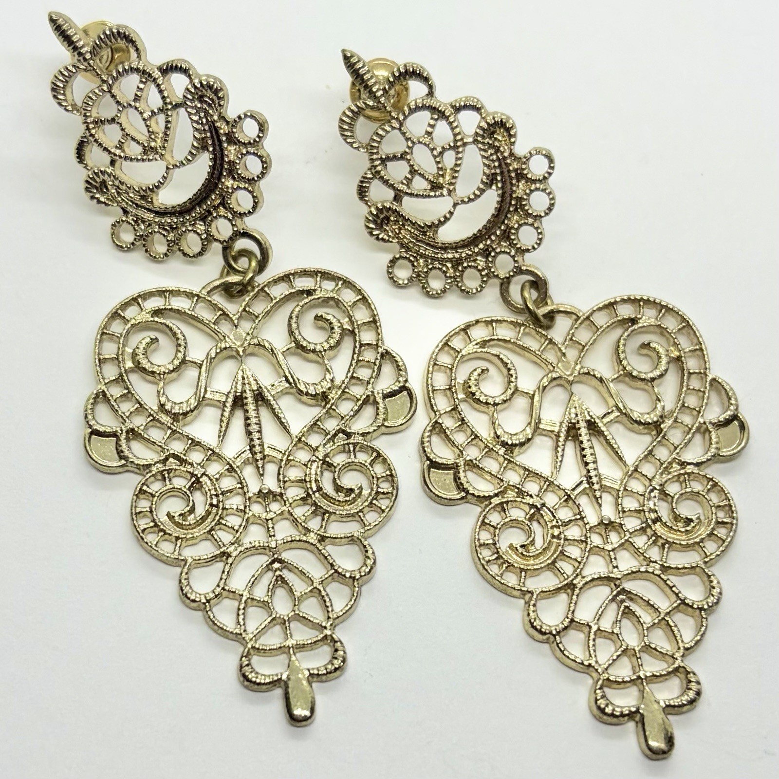 Vtg Large Victorian Revival Goldtone Drop Statement Earrings Post Dangle