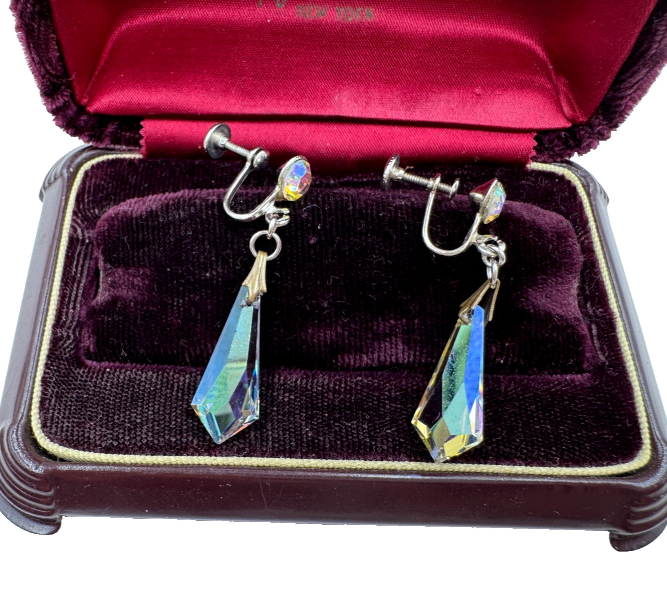 AURORA BOREALIS STELLA CRYSTAL OBELISK GORGEOUS VINTAGE DROP EARRINGS SCREW BACK