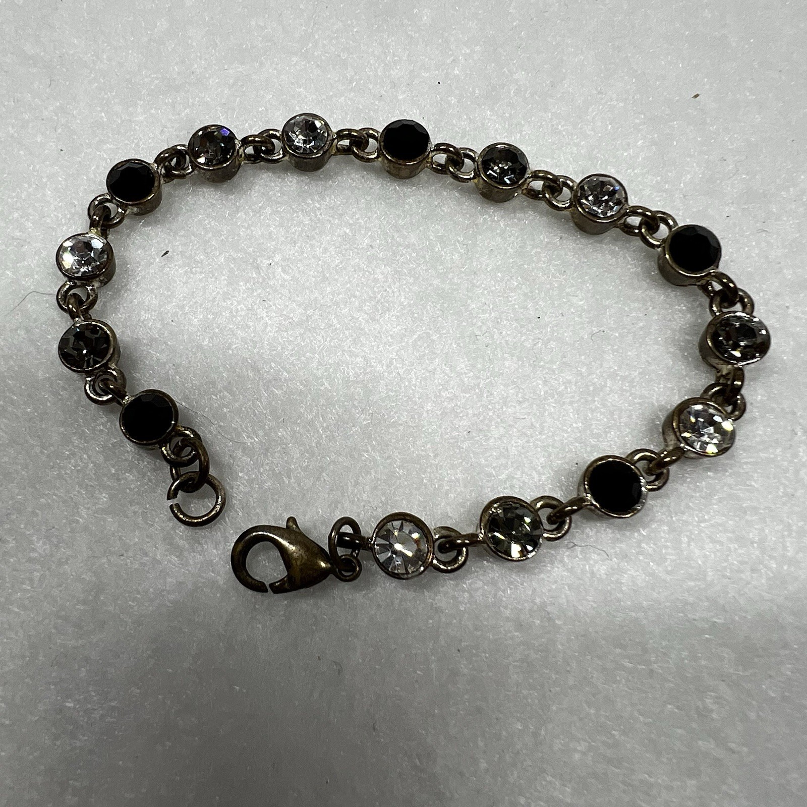 VTG Bracelet 7” Black Clear and Gray Rhinestones Brushed Antiqued Silver SEE