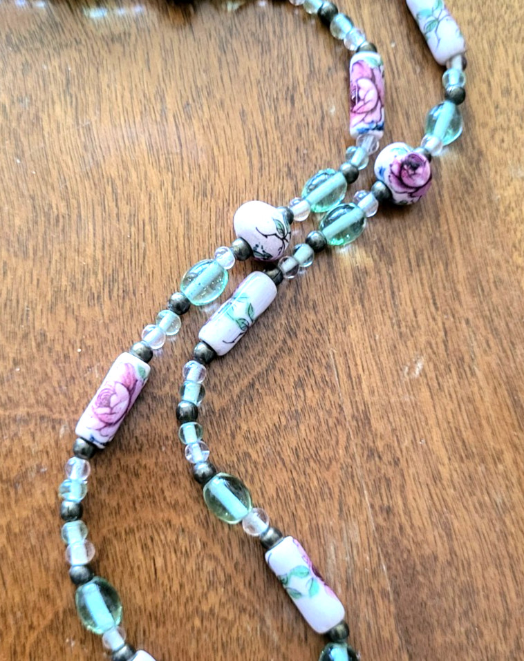 Vintage Cottagecore Sea Green Glass, Brass and Pink Porcelain Rose Bead Necklace