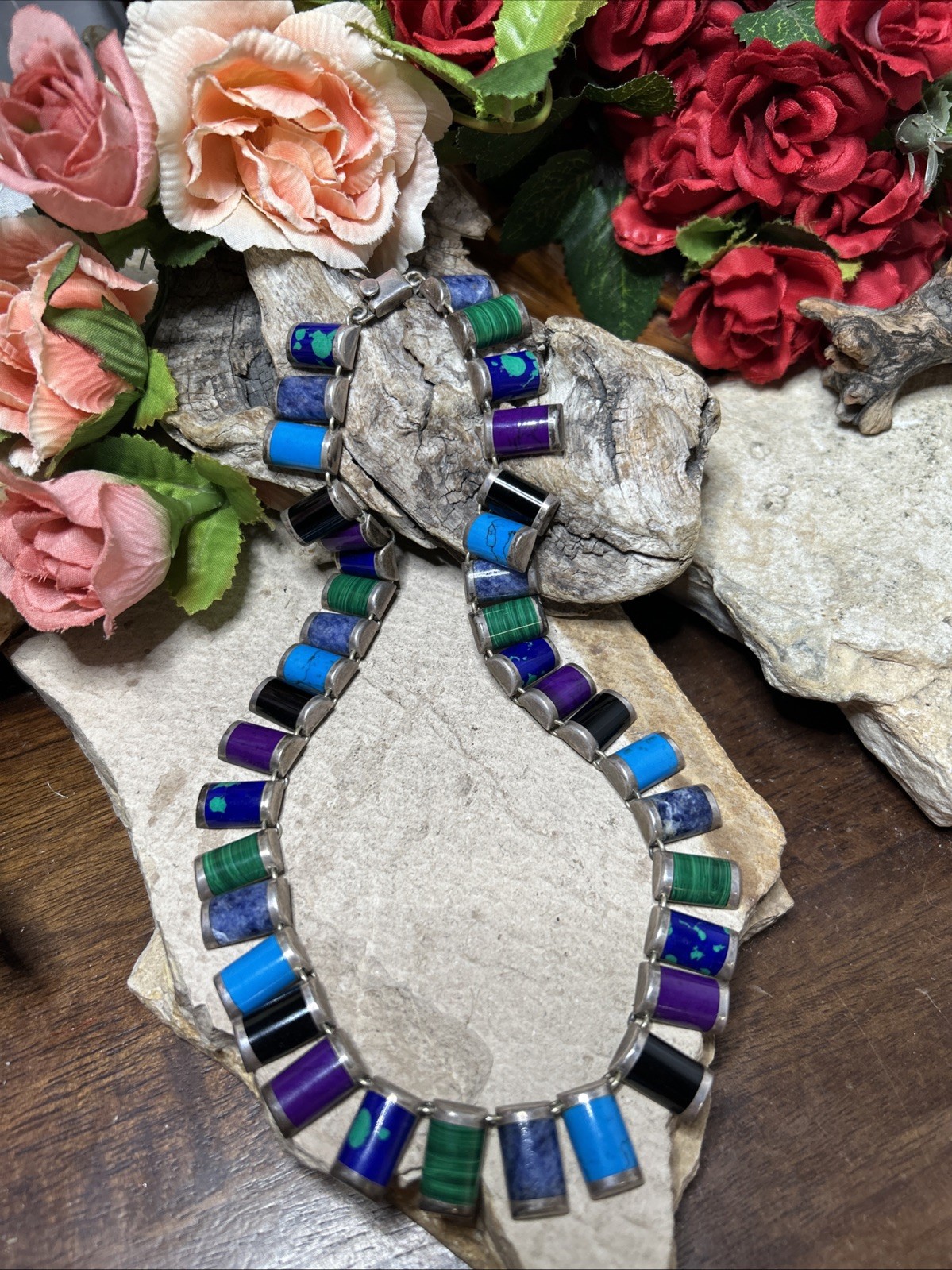 53. Vintage 925 Sterling Inlaid Multi Stone Link Collar Necklace 16″, 57.7g, Mex