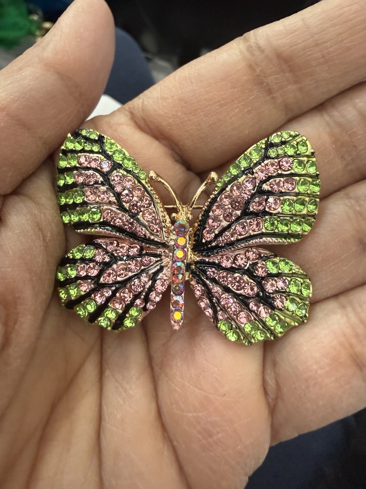 Butterfly Brooch Pink And Green Pin Rhinestone