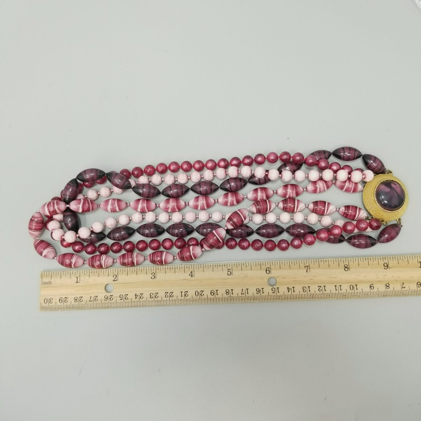 Vintage 8 Strand Pink Red Purple Beaded Necklace 18 Inch Fancy Clasp