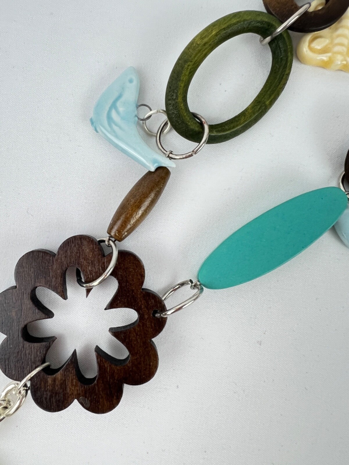 Ceramic & Wood Silver Tone Beads Discs Birds & Dragonfly Necklace & Earring Set