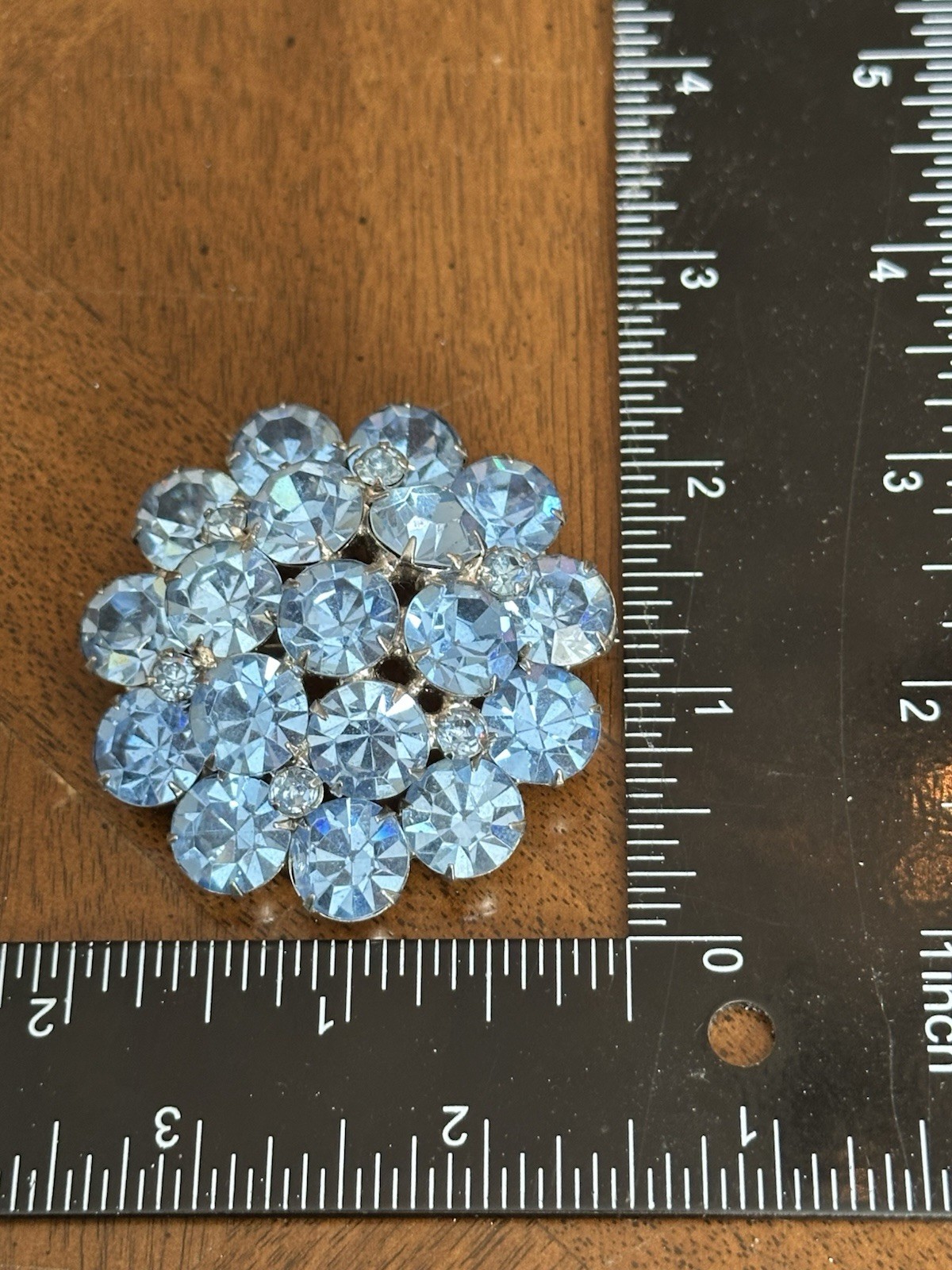 Vintage Light Blue Rhinestone Layered Round Cluster Brooch Silver Tone Nice!