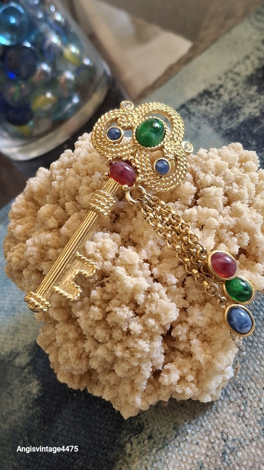 Trifari Jewels of India Key Brooch Green Red Blue Gripoix Cabochon Gold Key Pin
