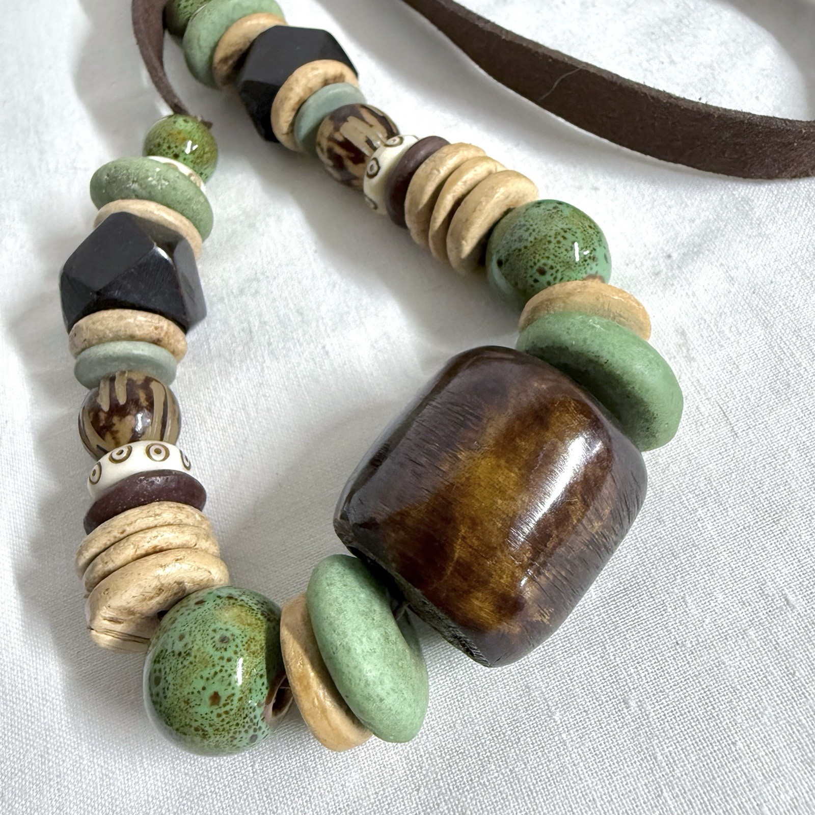 Vintage Boho Chunky Necklace Wood Ceramic Acrylic Beads on Suede Leather Cord