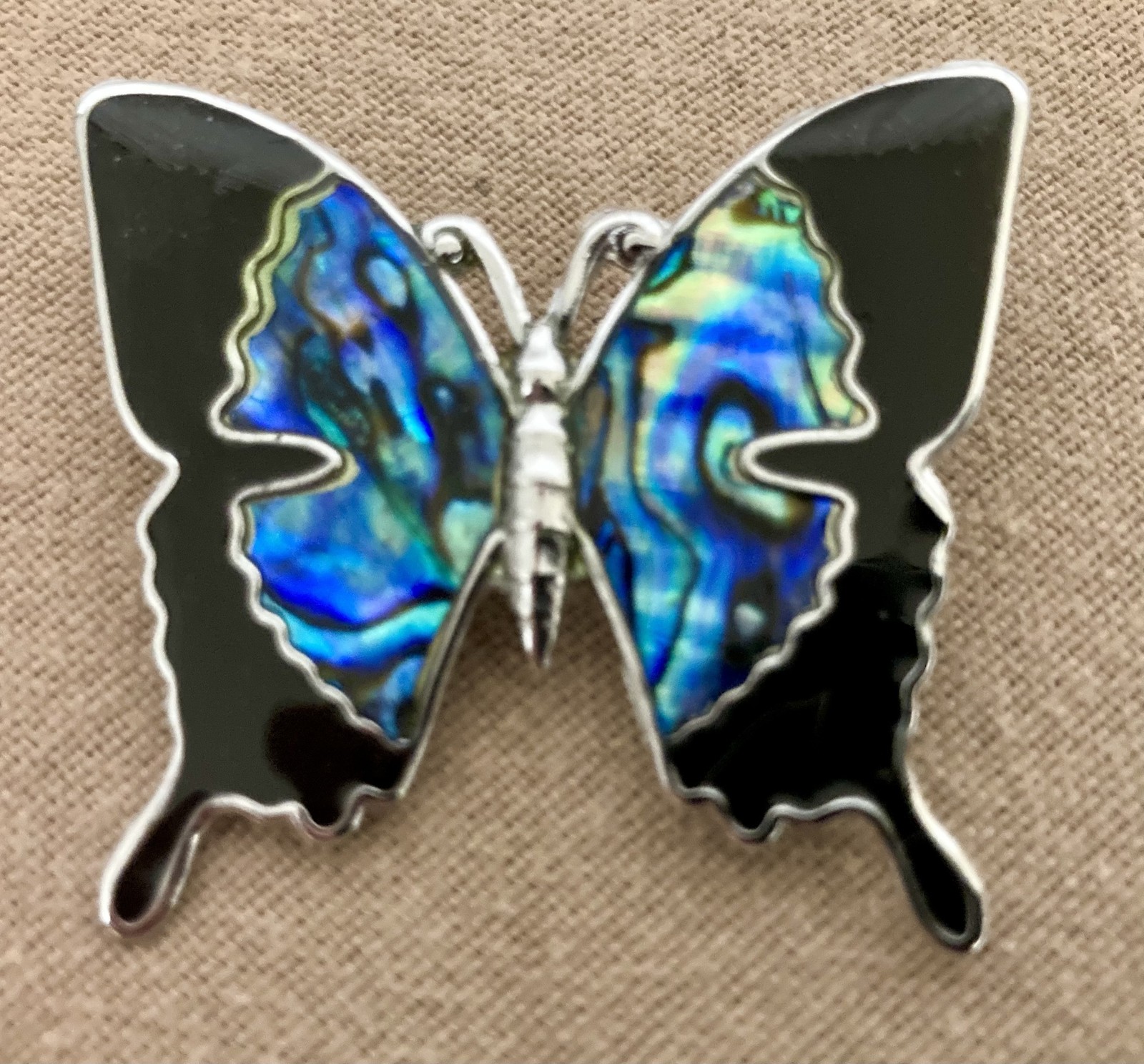 Vtg Butterfly Brooch Abalone Paua Shell Silver-Tone Black Enamel Inlay