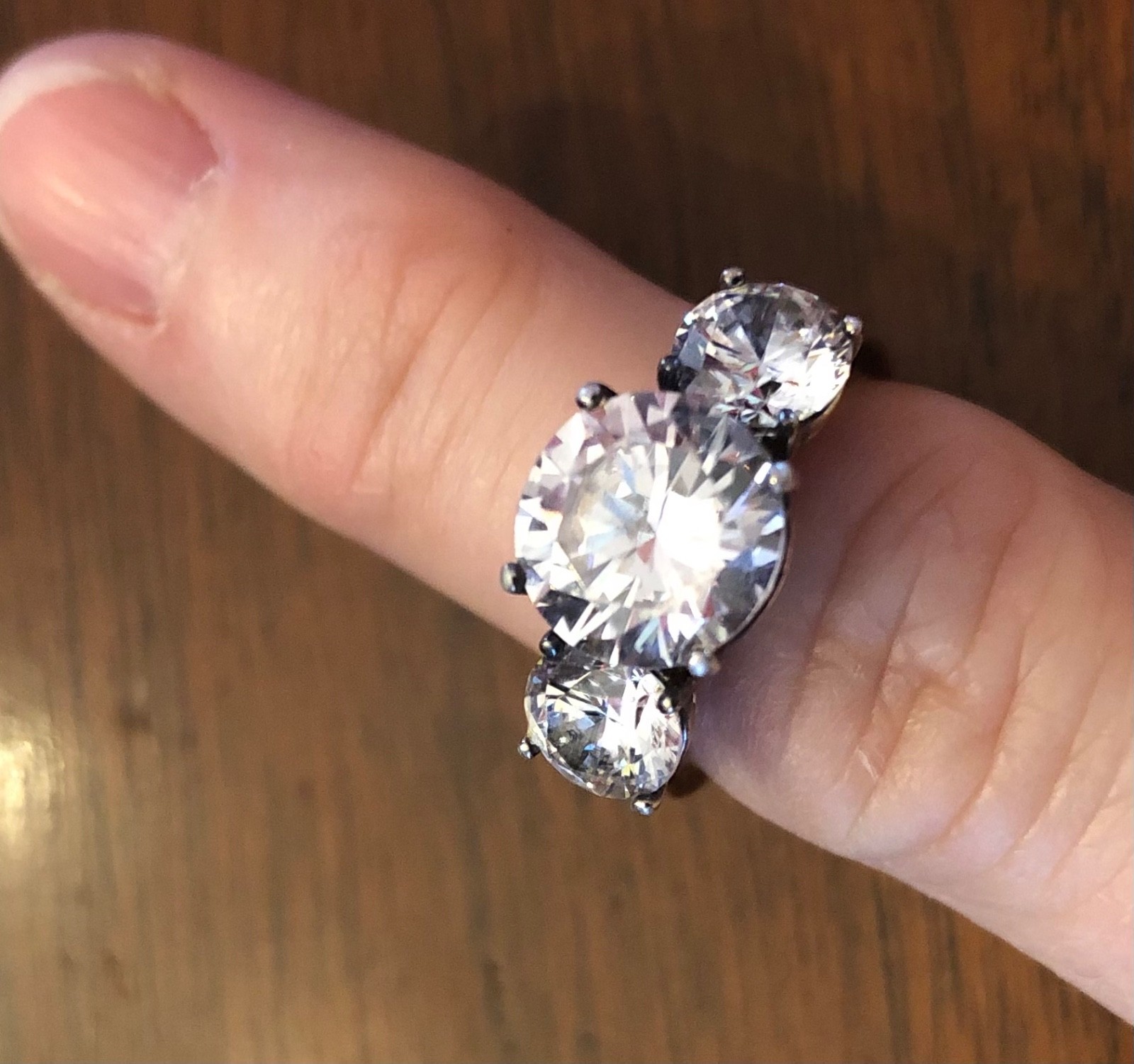 Engagement ring band gold tone 3 stone glass estate vintage 5 carat TW