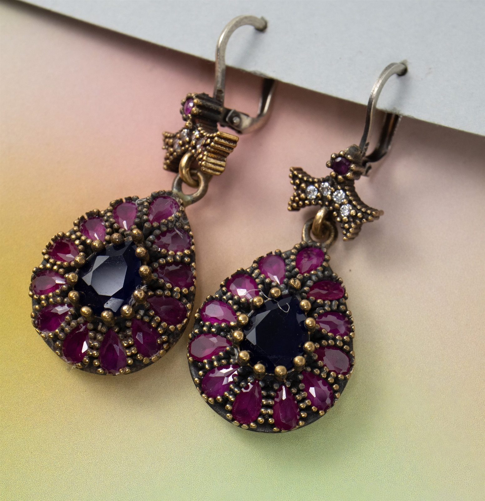Lab Created Sapphire & Ruby Pear Drops Vintage Sterling Silver Earrings 15.9g