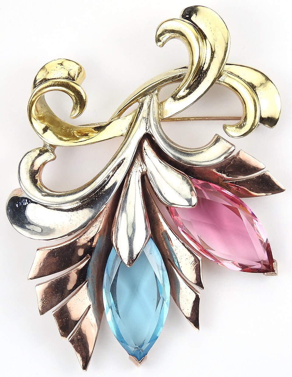 MB Boucher 3 Colour Gold Lozenge Cut Blue & Pink Topaz 2 Flower Spray Pin