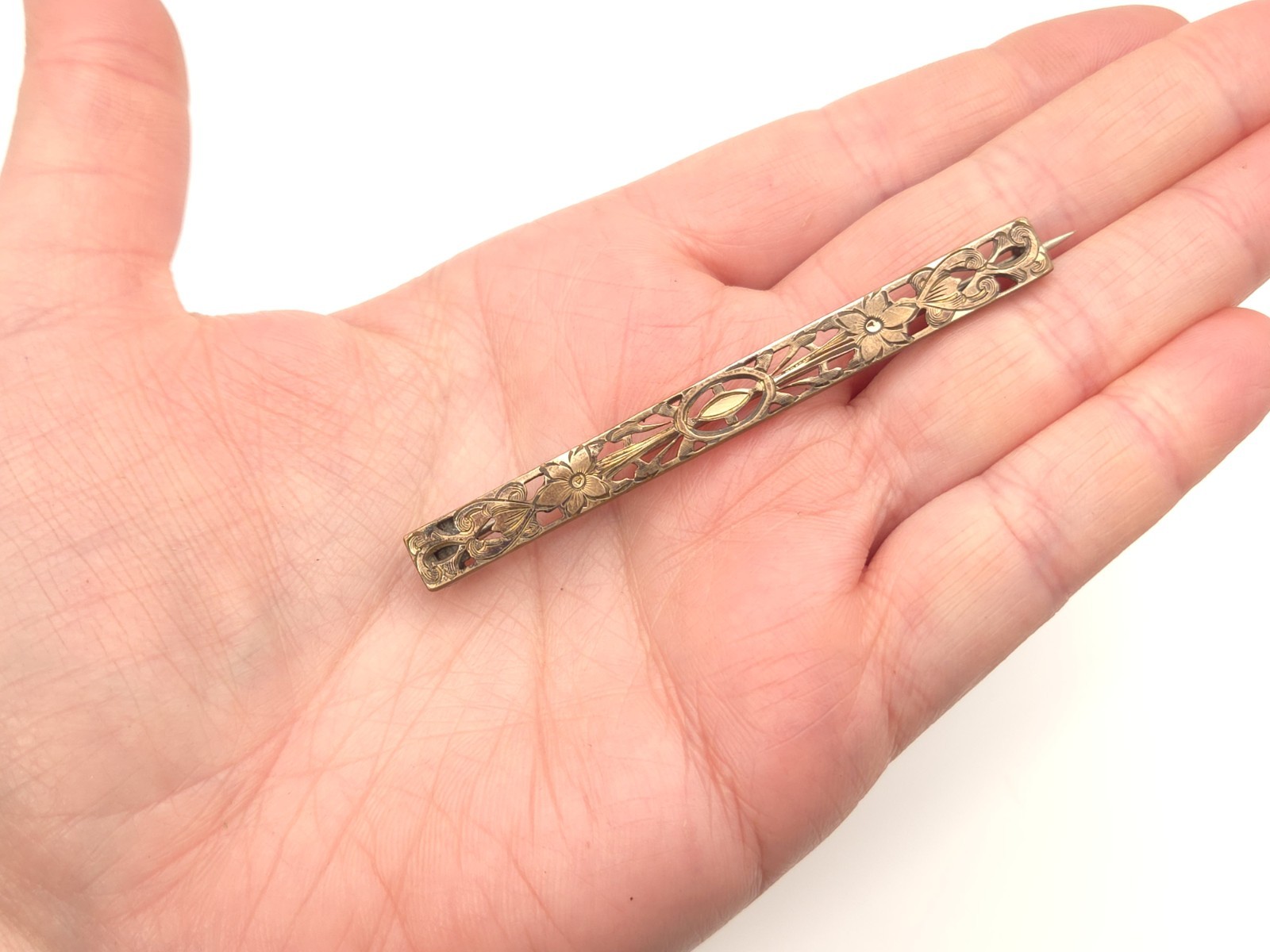 Antique Victorian Gold Filled Signed AP Floral Filigree Large Bar Pin Brooch