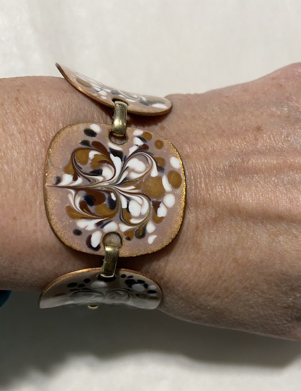 VINTAGE MCM- ENAMEL ON COPPER BRACELET- BROWN & WHITE- SIGNED INGA