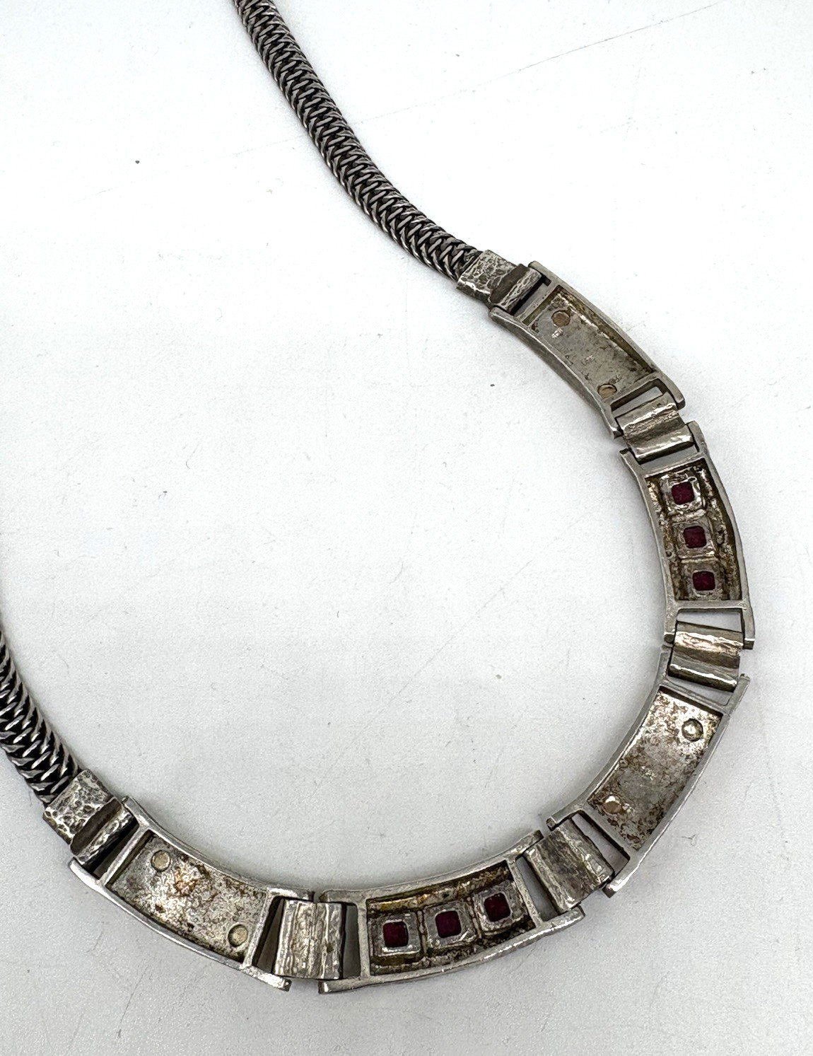 Italy Necklace Modernist Garnets Red Mesh Chain Sterling Silver Gold Plate Heavy