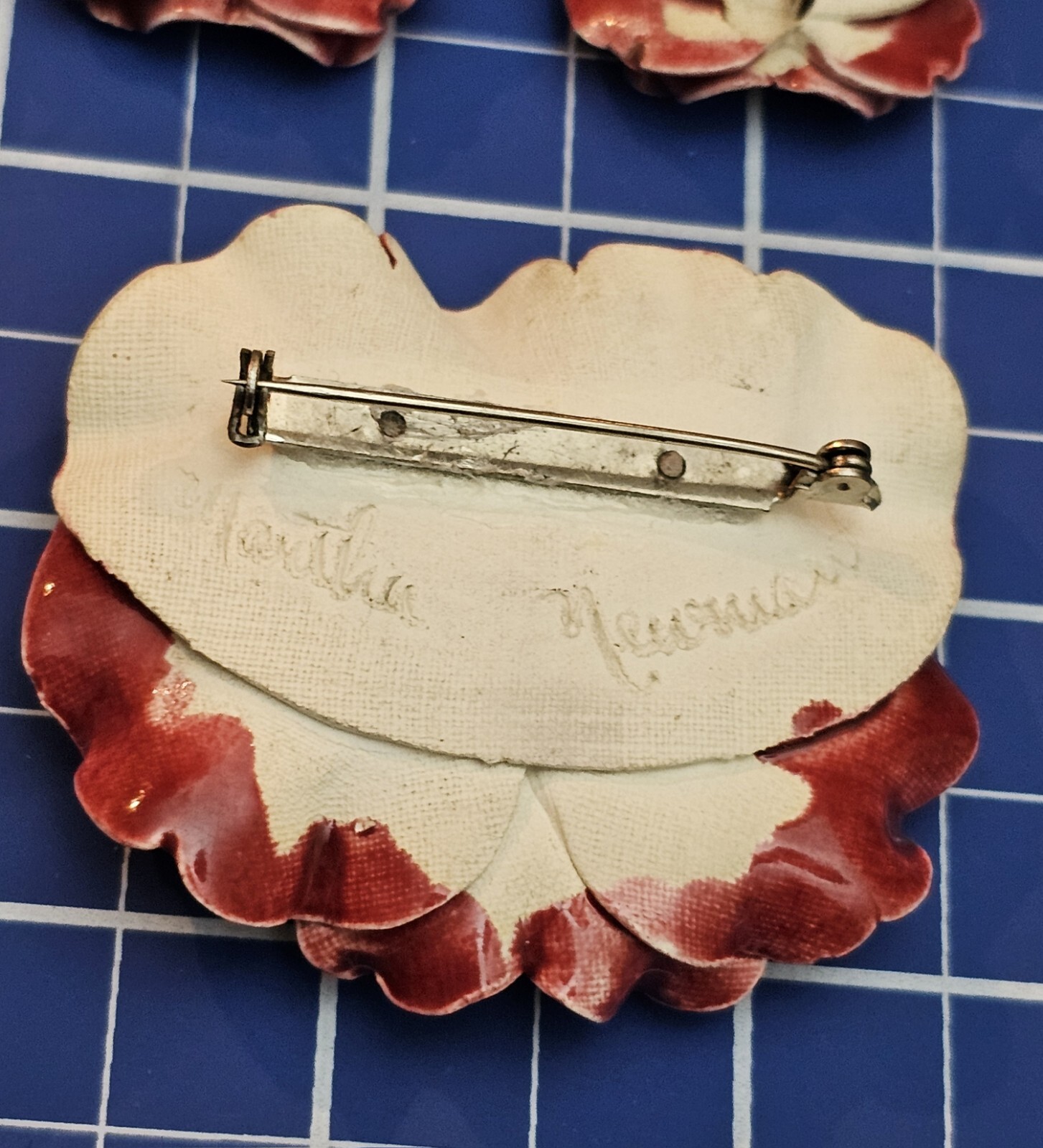 VTG Martha Newman Signed Ceramic Pansy Flower Brooch Pin & Clip Earrings Set