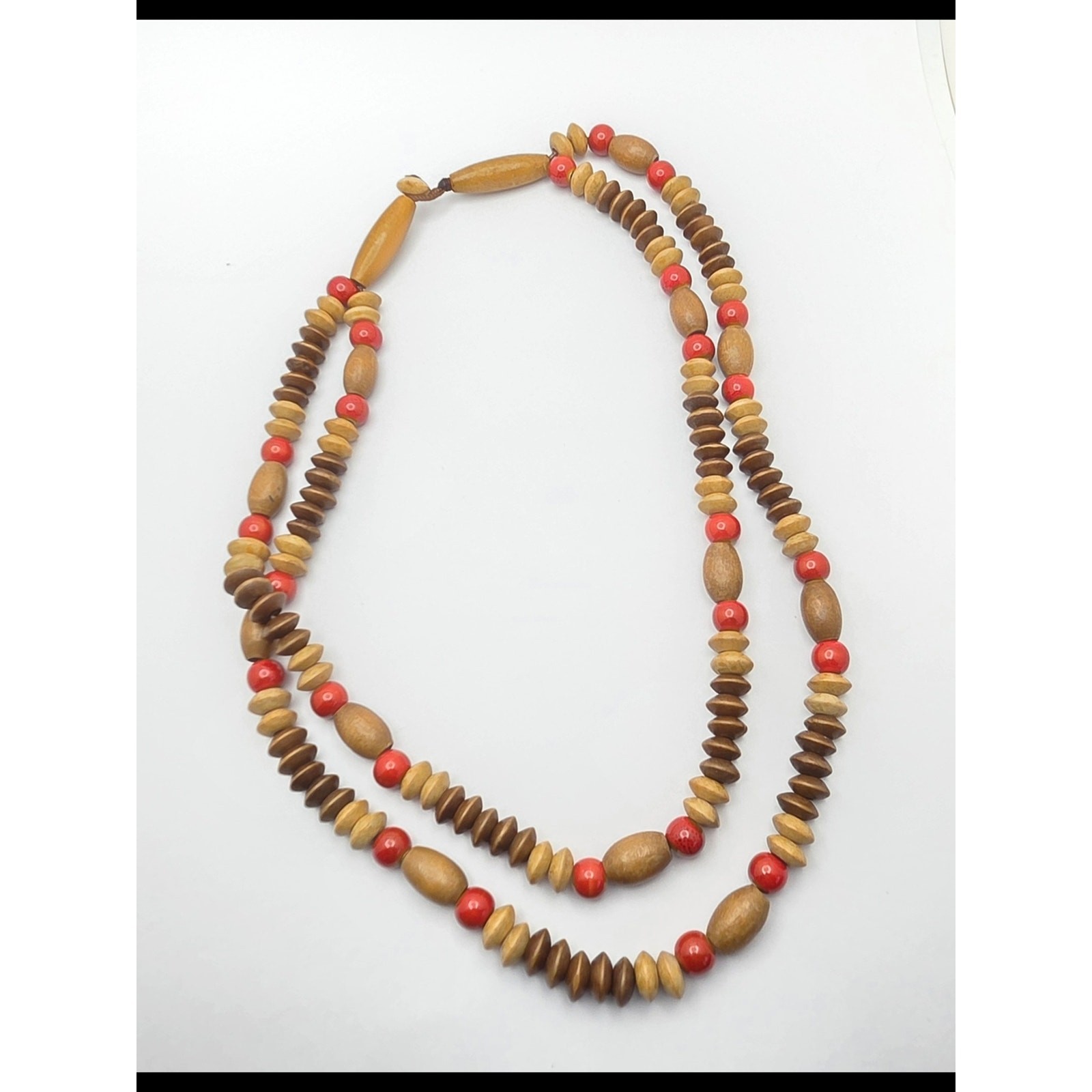 Vintage Multi-Strand Wood & Ceramic Bead Statement Necklace – 20” Boho