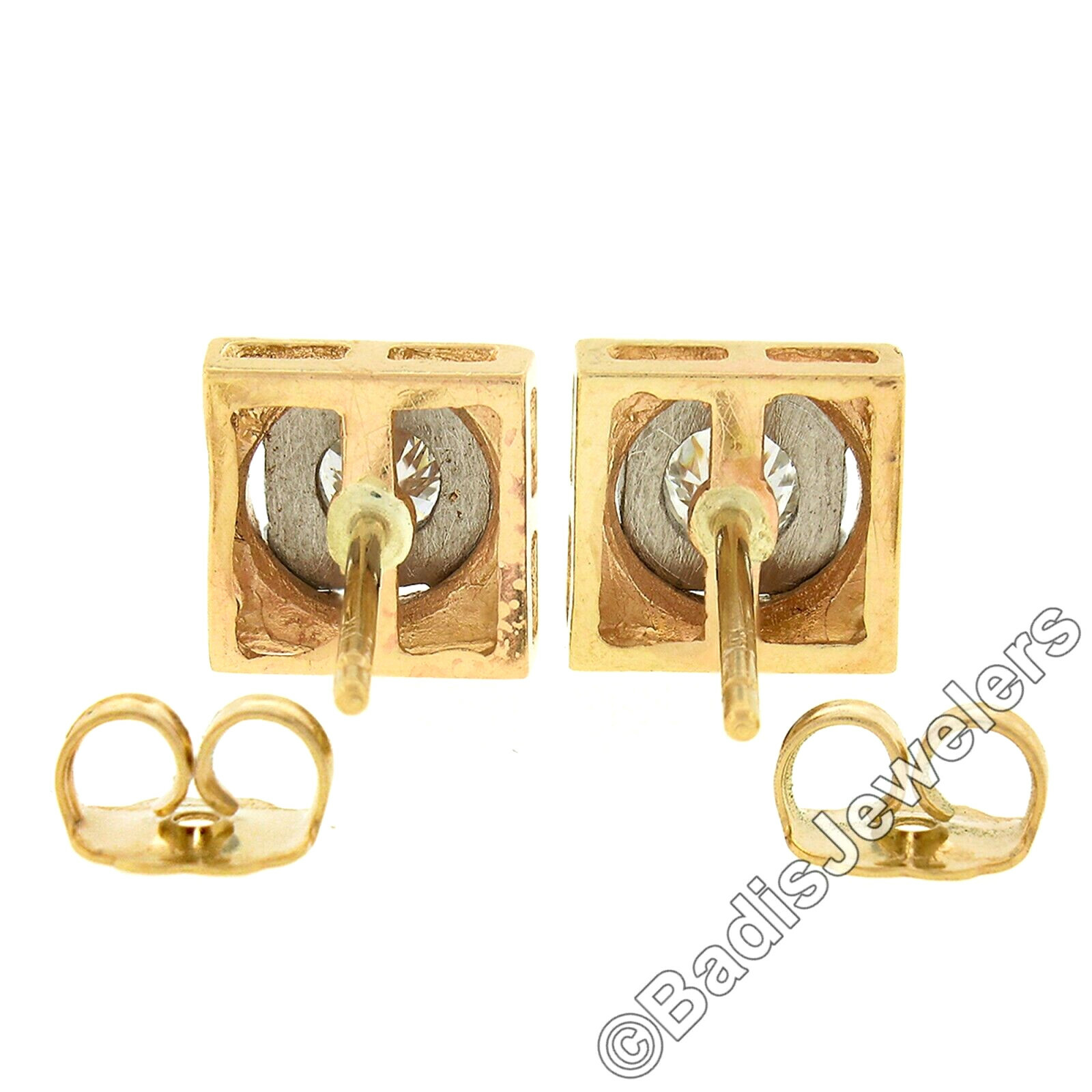 Vintage TT Gold .35ct Round Brilliant Diamond Polished Square Stud Earrings