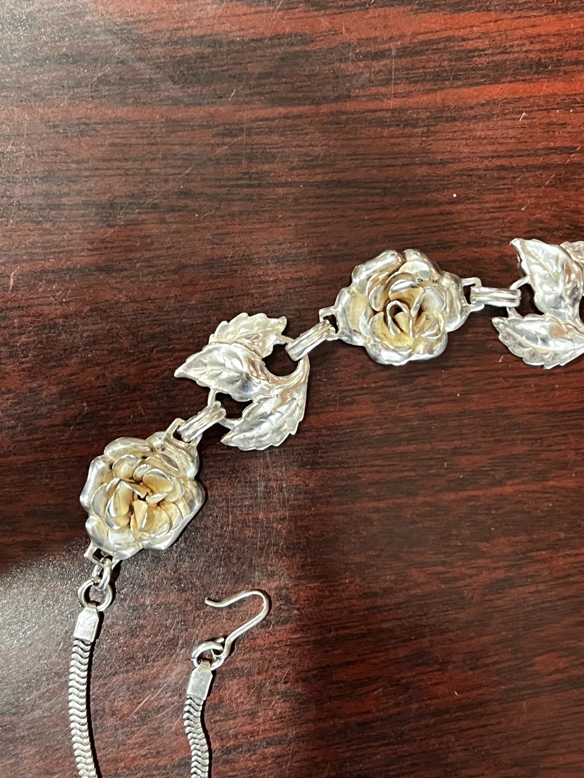 Vtg. Danecraft Sterling Silver Rose & Leaves Necklace 15″-17″ 35.2 Grams