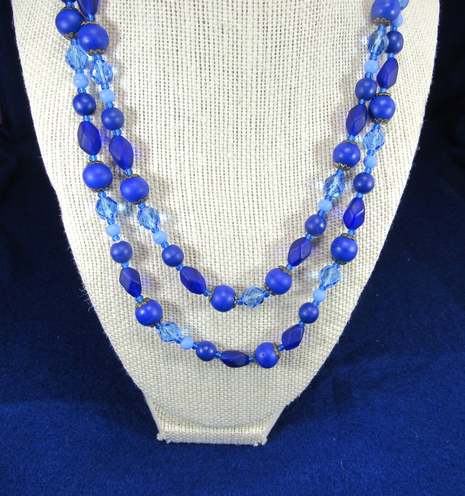 Vintage Blue and Purple 2 Strand Art Glass Bead Necklace with Sea Glass Finish.