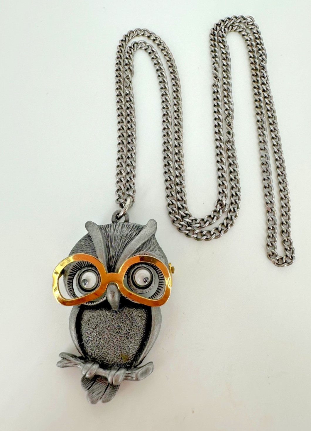 Vintage FAB Pewter Tone Googly Eyed Owl With Movable Eyeglasses Pendant Necklace