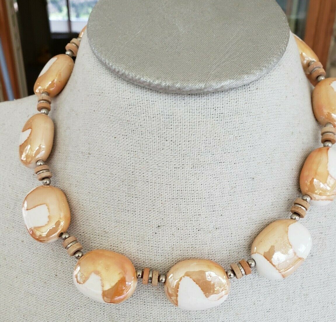 Vintage Peach White Ceramic Necklace Pierced & Clip Earrings Set Dahlkempers Box