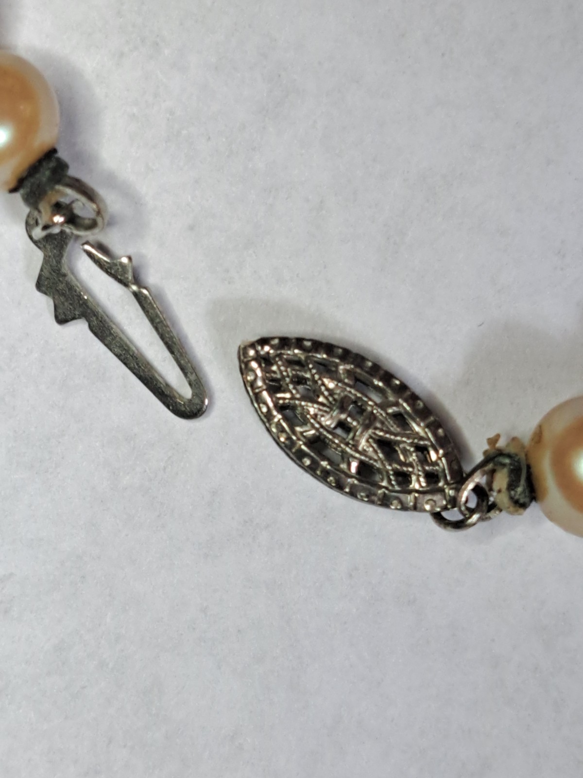 Vintage Hand Knotted Pearl Necklace 925 Sterling Silver Marquise Filigree Clasp