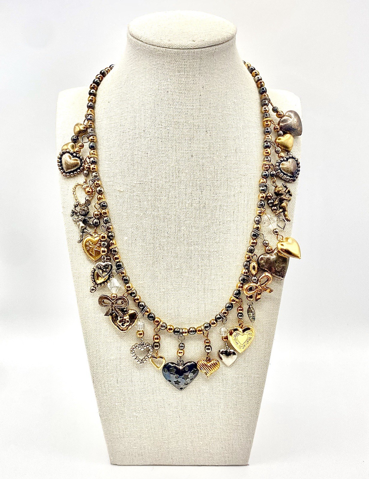 Vtg Estate Silver Bronze Gold Tone 24 Charms Necklace Glass Works Studio Style