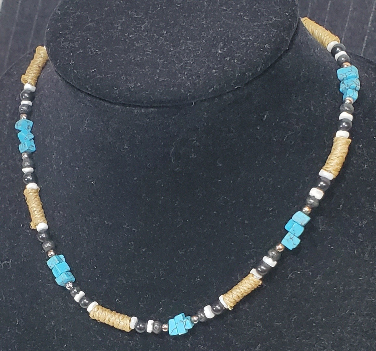 Vtg Panama Jack Southwest Hemp, Turquoise, Black & White Beads Necklace