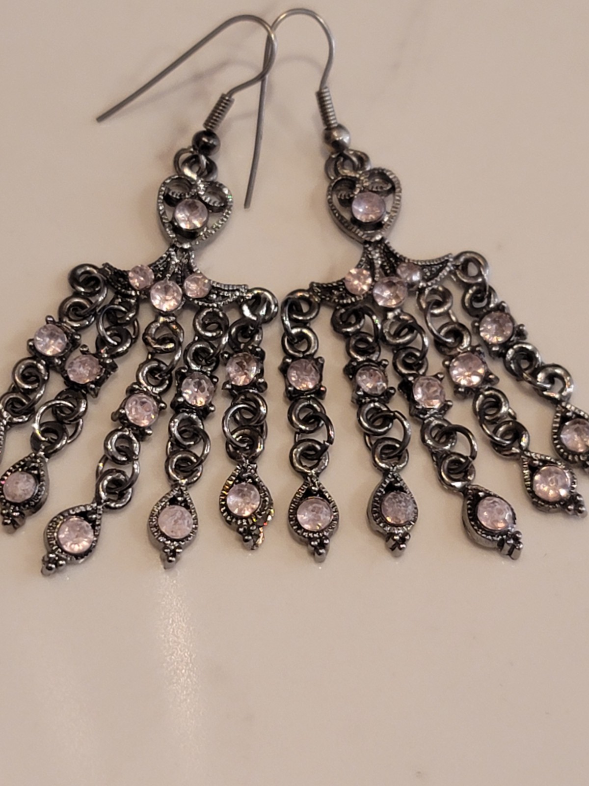 Vintage Style Chandelier Earrings Pink Rhinestone Gunmetal Dangle Boho