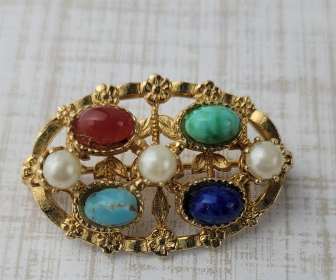 Tiny Gold Tone Multicolor Cabochon Stones Scatter Pin