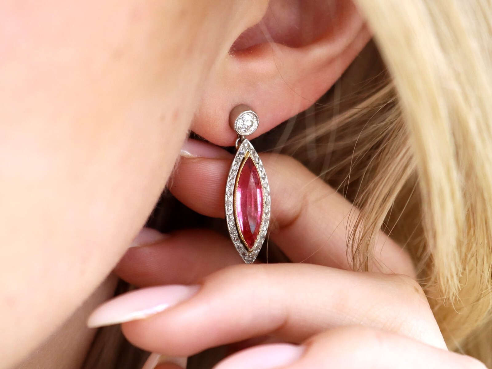 5.60Ct Pink Tourmaline and 1.10Ct Diamond, Platinum Drop Earrings Circa 1925