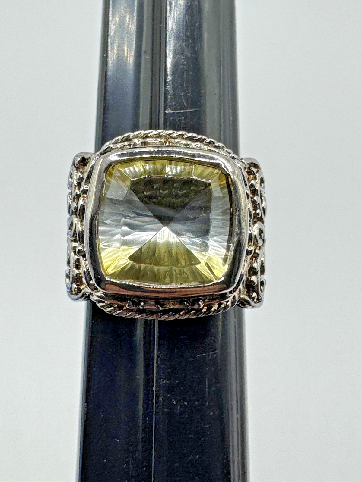 STERLING SILVER 925 CUSHION CUT YELLOW STONE FILIGREE RING WOMENS SIZE 8.25