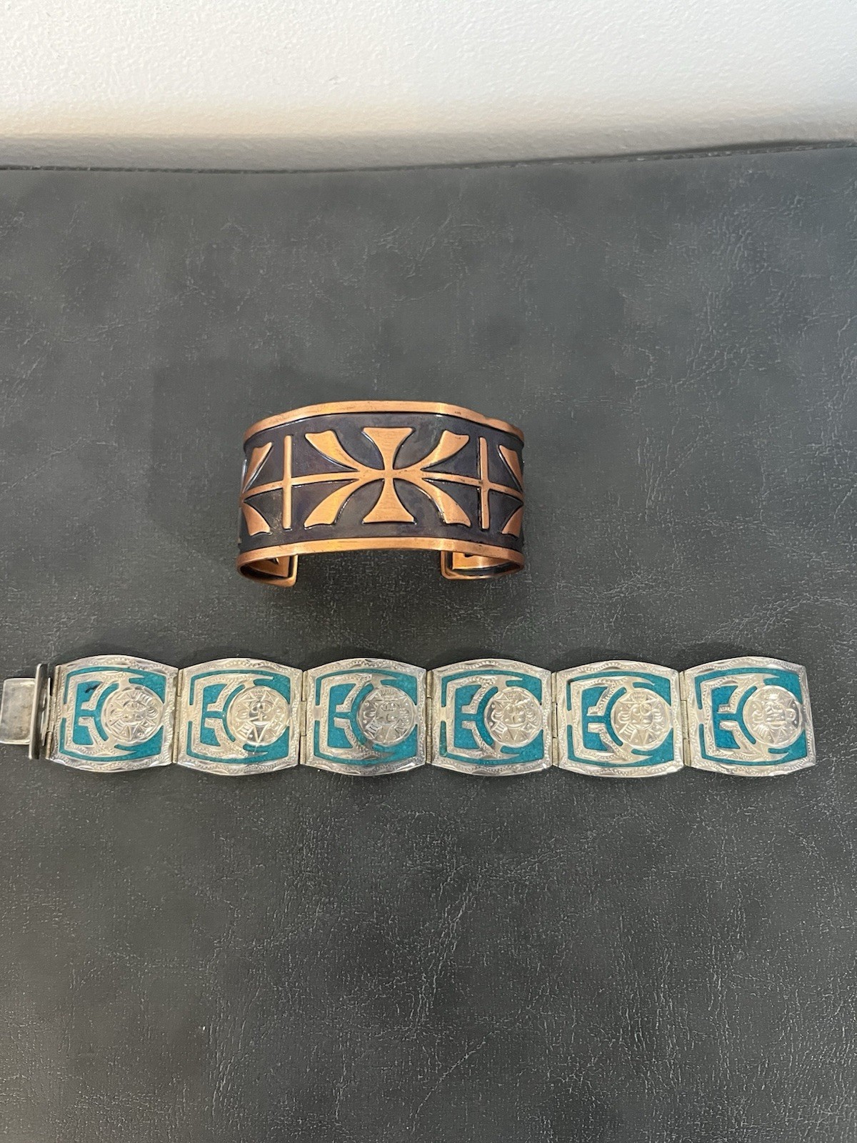 Bell Solid Copper Sterling 925 Joy Mex Turquoise Inlay Aztec Cuff Bracelet Vtg
