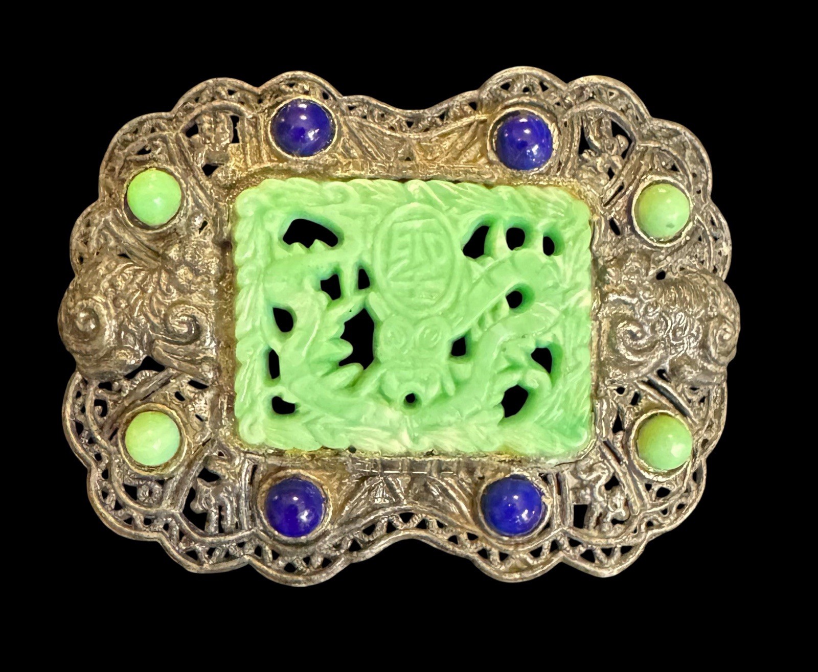 Vintage LN/25 Little Nemo Signed Pot Metal Asian Themed Brooch Faux Peking Glass