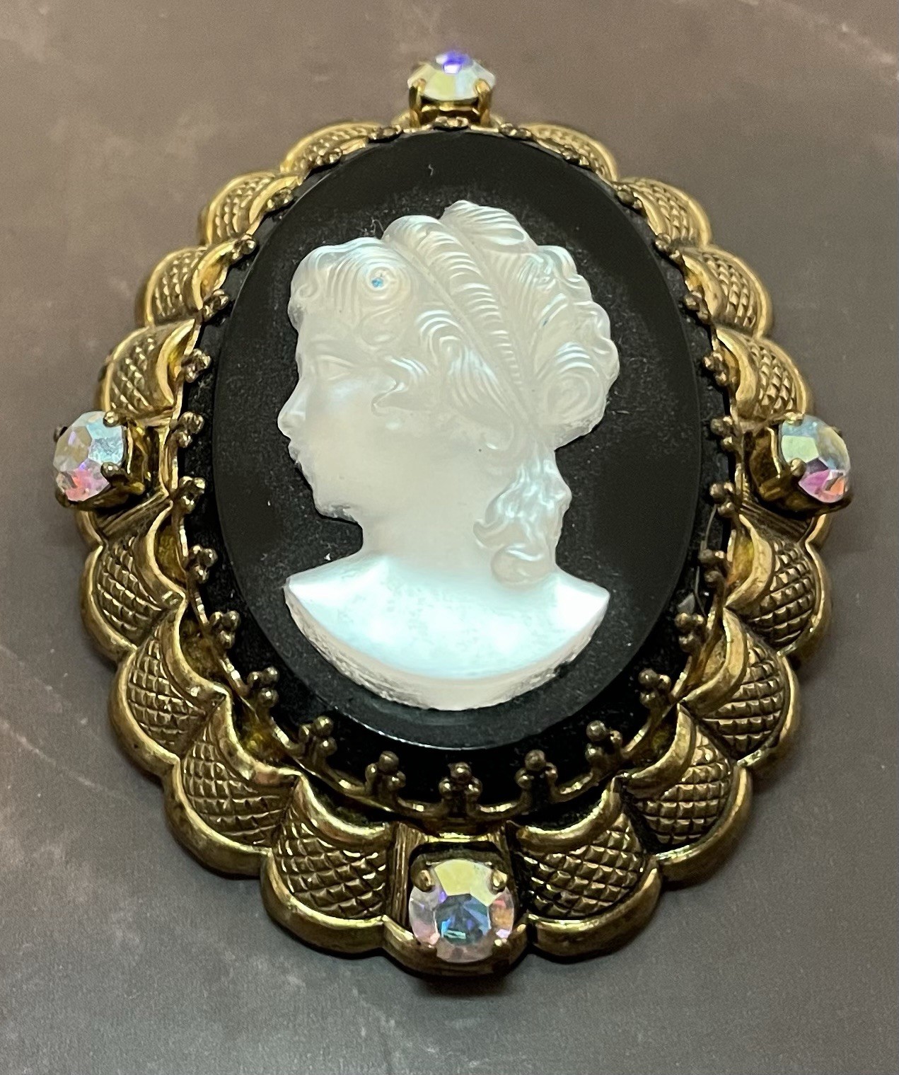 20th Century W German Gold Filigree Carved Glass Cameo Austrian Crystal Brooch