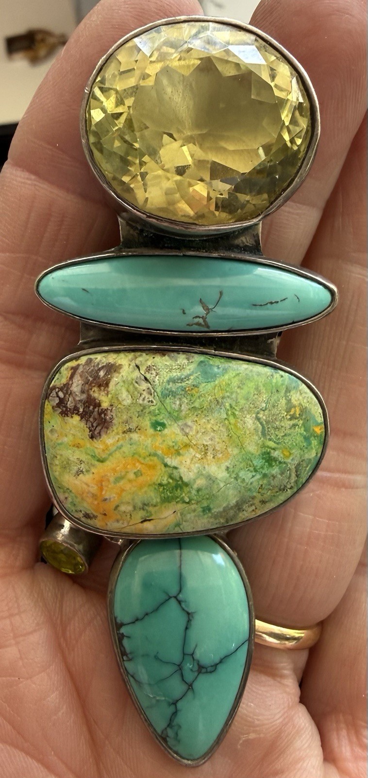 Vintage AKR Amy Kahn Russell 925 Variscite Citrine Turquoise Pendant Brooch