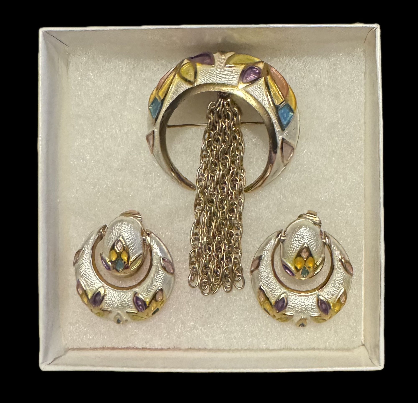 Rare Vintage Signed Hobé Enamel Brooch & Earrings Set w/ Chain Fringe